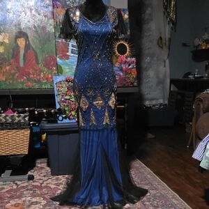 Elegant Blue and Gold Evening Gown